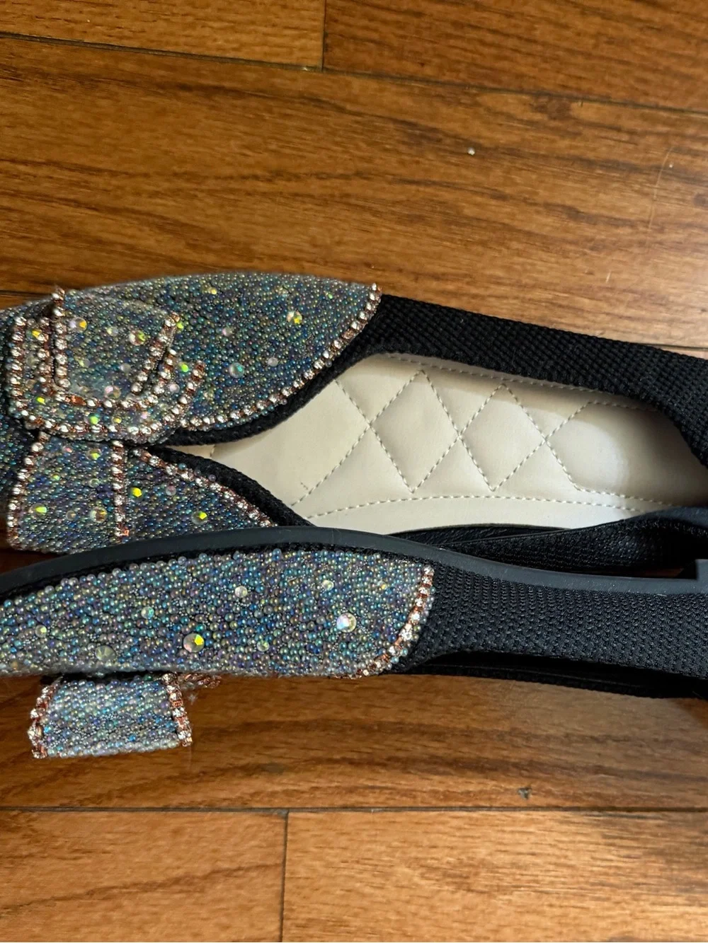 Amazon Black Slip-On Flats with Iridescent Crystal Bow